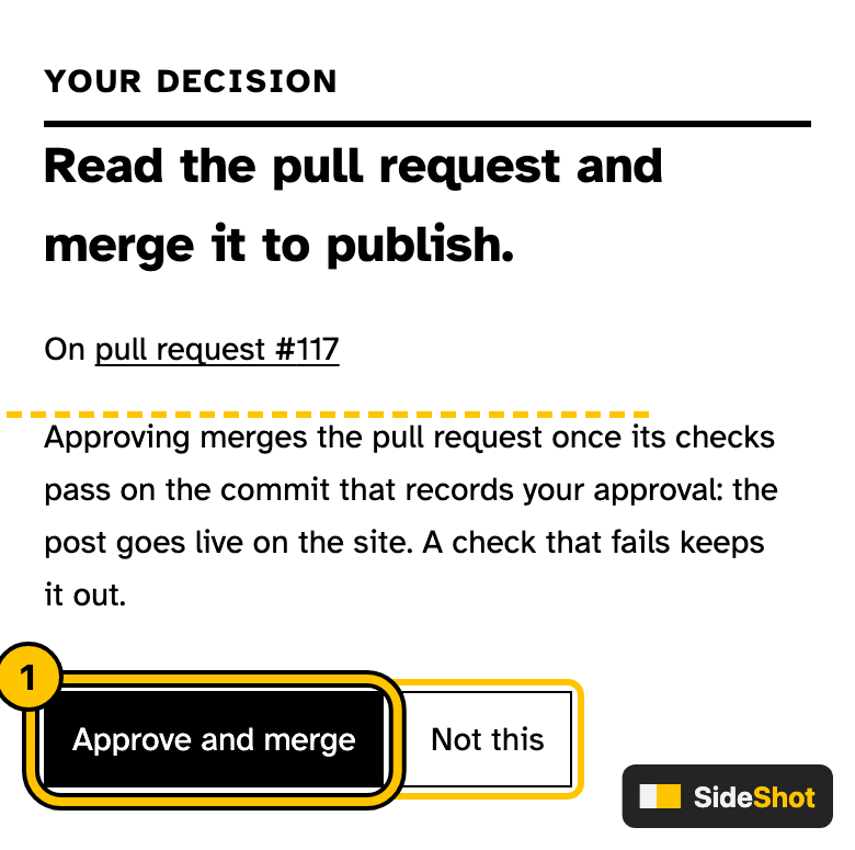 After, on a phone: a marigold ring numbered 1 around the Approve and merge button, a box around the changed buttons, and a dashed rule where the paragraph was removed.